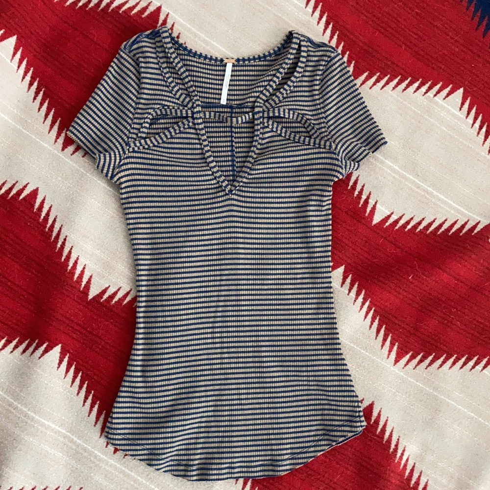 Free People striped short sleeve top with cutout detailing